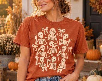 Kokette Skelett-Crew (PNG), Halloween-Shirt-Design, niedliche Gothic-Schleifen-Grafik, kommerzielle Nutzung, digitaler Download