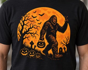 Bigfoot-Halloween-Shirt-Design (PNG), Sasquatch-Kürbis-Mond, Retro-Kryptiden-Kunst, Kommerzielle Nutzung, Digitaler Download