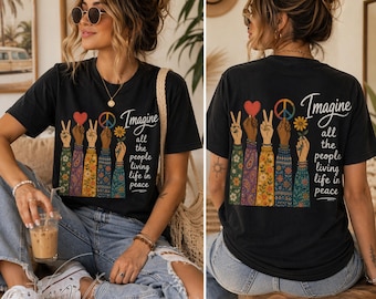 Imagine All The People PNG Retro Peace Hands Boho  Love Hippie Unity Vintage Floral Design