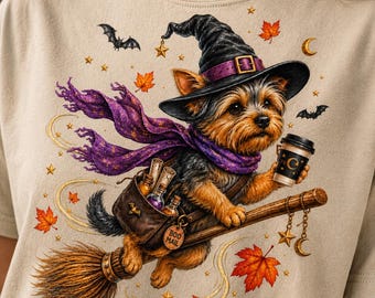 Yorkie-Hexe PNG, Halloween-Hund PNG, Niedliche Yorkshire-Terrier-Hexe, Gruselige Haustier-Cliparts, Magisches Hunde-Sublimationsdesign