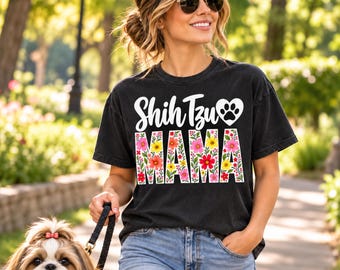 Shih Tzu Mama PNG, florale Hundemama-Typografie, Pfotenherz-Design für T-Shirts und Bastelarbeiten