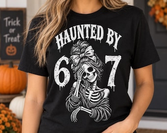 „Haunted By 67 Skeleton Girl Halloween Png“, „Spooky Gothic Skull Bow Png“, „Vintage Horror Cute Witchy Graphic Digital Download“
