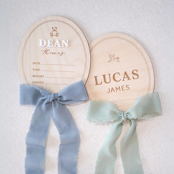 Newborn Birth Stat Sign: Teddy Bear Wooden Name Announcement Keepsake with Bow for Hospital