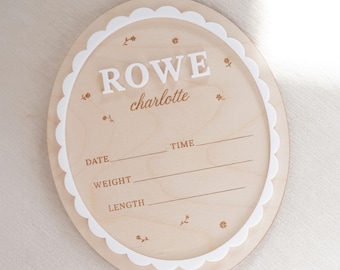 Girl Birth Name Sign | Scalloped Hospital Announcement for Baby Girl | Floral Vintage Birth Stat Plaque