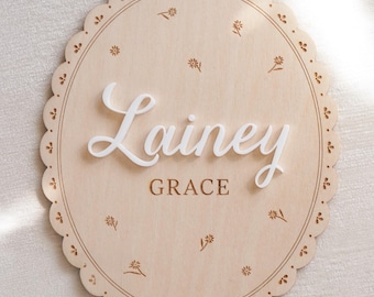 Personalized Baby Name Hospital Birth Announcement Sign – Engraved Scalloped Border | Newborn Photo Prop | Nursery Keepsake