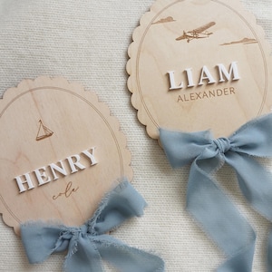 Baby Boy Name Sign | Birth Announcement | Wooden Scalloped Keepsake with Bow | Nursery Photo Prop