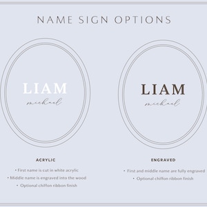 May include: A light blue graphic displaying NAME SIGN OPTIONS with two oval frames. The left side shows an acrylic sign with white text LIAM and script text michael. The right side shows an engraved sign with dark text LIAM and script text michael.