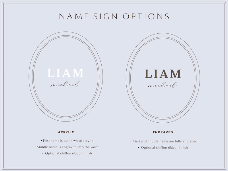 May include: A light blue graphic displaying NAME SIGN OPTIONS with two oval frames. The left side shows an acrylic sign with white text LIAM and script text michael. The right side shows an engraved sign with dark text LIAM and script text michael.