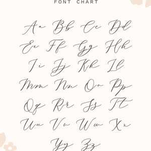 May include: A beige poster with the words "FONT CHART" at the top. The poster displays the alphabet in a cursive font, from A to Z. The letters are in a dark brown color. Floral and striped decorative elements are at the top and bottom.