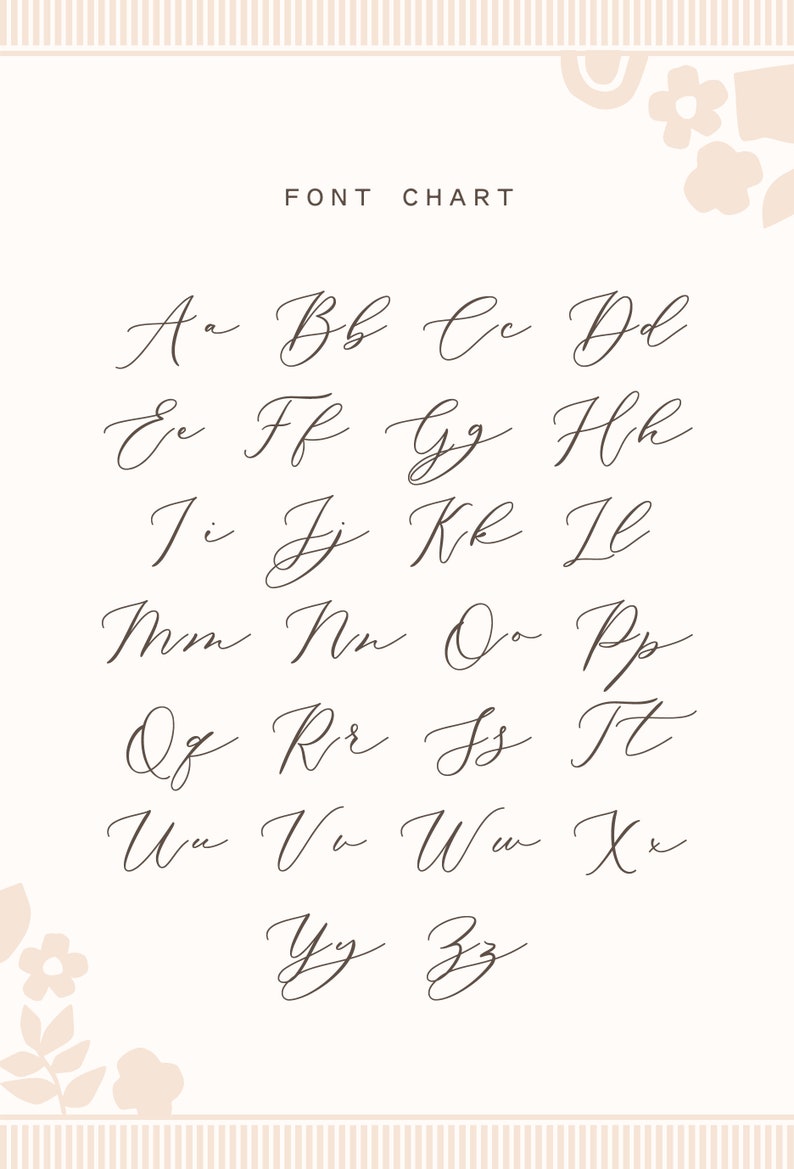 May include: A beige poster with the words "FONT CHART" at the top. The poster displays the alphabet in a cursive font, from A to Z. The letters are in a dark brown color. Floral and striped decorative elements are at the top and bottom.