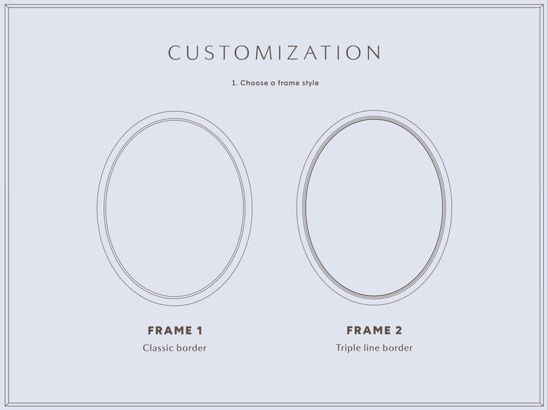 May include: A customisation guide featuring two oval frame options on a light blue background. Frame 1 displays a classic border, while Frame 2 shows a triple line border. The text reads: CUSTOMISATION, 1. Choose a frame style, FRAME 1 Classic border, FRAME 2 Triple line border.
