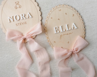 Newborn Birth Announcement Sign: Wooden Hospital Keepsake with Bow for Baby Girl