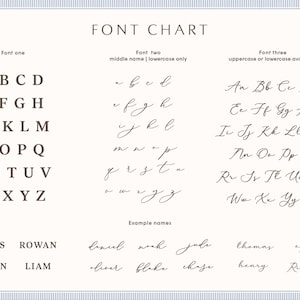 May include: A font chart displaying three distinct typeface options. Font one features bold, uppercase serif letters. Font two shows a cursive, lowercase script. Font three presents a cursive script with both uppercase and lowercase letters.