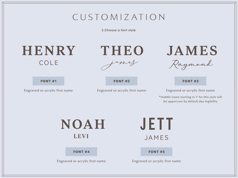 May include: A customisation guide displaying five distinct font styles for engraved or acrylic names. The text includes CUSTOMISATION, 2.Choose a font style, and labels for FONT #1 through FONT #5, each showing example names like HENRY COLE and THEO james.