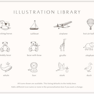 May include: An illustration library chart featuring twelve dark brown line art icons on a light background. Icons include a rocking horse, sailboat, aeroplane, hot air balloon, teddy bear, bear with bow, giraffe, elephant, whale, lion, stork, and duck.