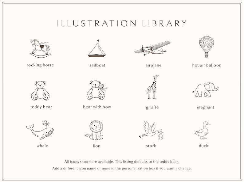 May include: An illustration library chart featuring twelve dark brown line art icons on a light background. Icons include a rocking horse, sailboat, aeroplane, hot air balloon, teddy bear, bear with bow, giraffe, elephant, whale, lion, stork, and duck.