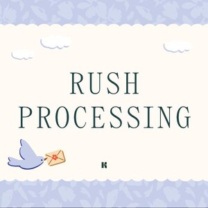 Może przedstawiać: Kremowa karta z napisem "RUSH PROCESSING" w ciemnozielonym kolorze. Niebieski ptak niesie list z kwiatem. Tło to jasnoniebieski wzór kwiatowy z trzema małymi chmurami.