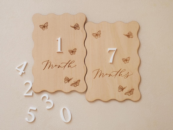 Butterfly Baby Milestone Card: Engraved Birchwood Monthly Sign