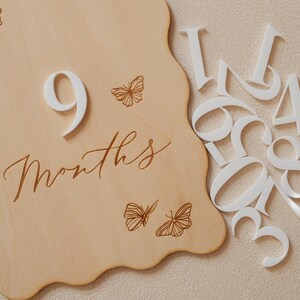 May include: A wooden milestone sign with a wavy edge, featuring the number "9" and the word "Months" in script. The sign is decorated with butterfly illustrations. Additional white numbers are scattered nearby.