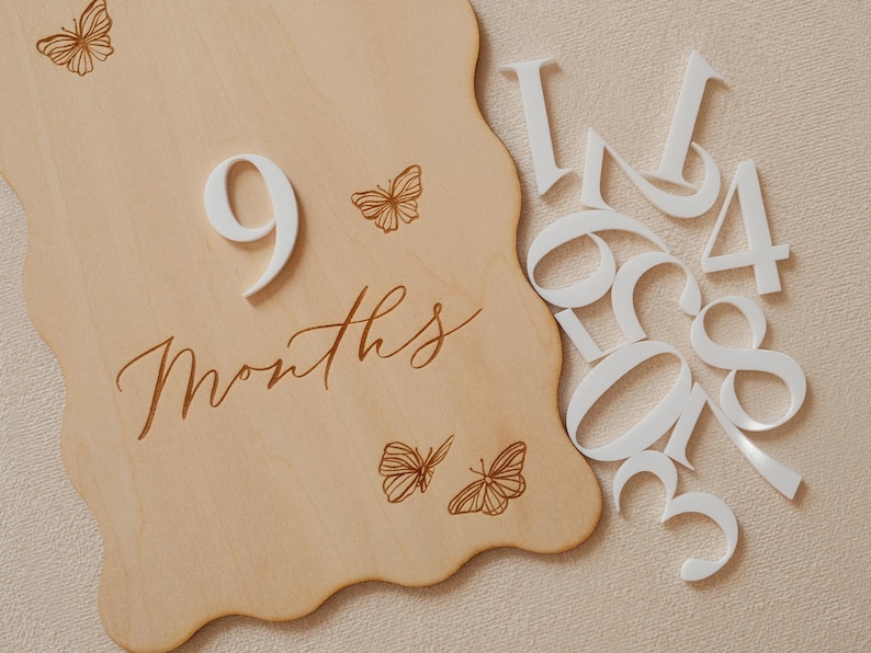 May include: A wooden milestone sign with a wavy edge, featuring the number "9" and the word "Months" in script. The sign is decorated with butterfly illustrations. Additional white numbers are scattered nearby.