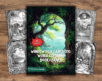 40 venster naar een fantastische wereld kleurplaten, kleurboek voor volwassenen en kinderen, fantasie kleurplaten, direct downloaden, afdrukbaar PDF-bestand.