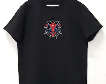 T-shirt brodé araignée, chemise toile Spider-Man, chemise brodée super-héros, vêtements unicex style bande dessinée, chemise en coton, t-shirt cadeau