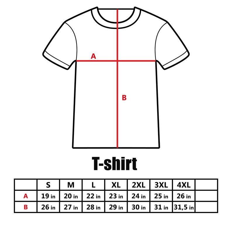 Pu&ograve; includere: Un disegno al tratto in bianco e nero di una t-shirt con linee di misurazione rosse etichettate A e B. Una tabella sottostante elenca le taglie dalla S alla 4XL con le relative misure in pollici per la larghezza A e la lunghezza B.