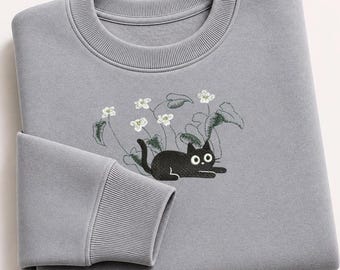 Sweat brodé chat fleurs - Sweat chat fleurs sauvages, col ras du cou chat Cottagecore, cadeau mignon pour amoureux des chats, sweat animal brodé
