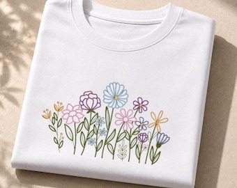 Broderie de fleurs, chemise fleurs sauvages, broderie de chemise florale cottagecore, chemise botanique, t-shirt esthétique nature, cadeau pour amoureux des fleurs