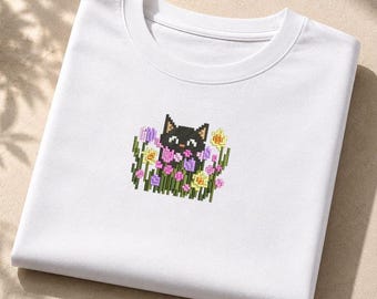 Chemise brodée pour maman chat, cadeau pour amoureux des chats pour femme, t-shirt chat floral, t-shirt mignon chat fleurs sauvages Cottagecore, cadeau maman chat