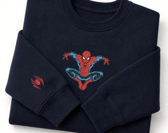 Sweat-shirt brodé Spiderman, sweat-shirt araignée, col rond avec personnage de bande dessinée, broderie de pull de super-héros, cadeau douillet, super-héros amateur