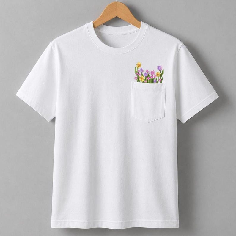 K&ouml;nnte beinhalten: Wei&szlig;es T-Shirt mit einer Tasche mit einem bunten Blumenmuster. Die Tasche ist mit gelben, lila und rosa Blumen gef&uuml;llt. Das Shirt hat einen klassischen Rundhalsausschnitt und kurze &Auml;rmel.