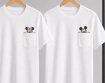 T-shirts assortis Mickey et Minnie, t-shirt pour couple brodé souris mignonne, chemise parc à thème, chemise voyage en famille assortie