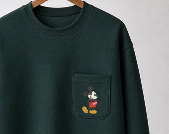 Sweat brodé souris dessin animé, col rond brodé avec poche mignonne, pull douillet unisexe Mickey Mouse, cadeau esthétique pour elle lui