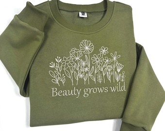 Sweat-shirt brodé fleurs sauvages, col rond, sweat-shirts à fleurs, sweat-shirt cottagecore femme, vêtements fleurs sauvages, cadeau pour amoureux de la nature
