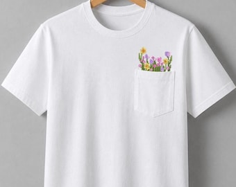 T-shirt avec poche fleurs brodées, T-shirt fleurs sauvages, T-shirt en coton à fleurs cottagecore, chemise cadeau fleurs brodées