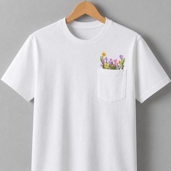 Embroidered Flower Pocket T-Shirt, Wildflower Tee, Cottagecore Floral Cotton T Shirt, Embroidered Flower Gift Shirt