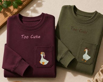 Sweat-shirt couple oie brodé, sweat-shirt couple oie drôle, mignon cadeau d'oie pour les couples, col rond confortable amoureux des animaux, lui offrir
