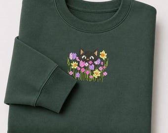 Sweat-shirt brodé pour maman chat, cadeau amoureux des chats pour femme, sweat-shirt chat floral, joli sweat-shirt chat fleurs sauvages Cottagecore, cadeau maman chat