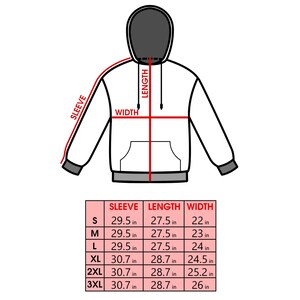 May include: A white hoodie with a dark gray hood lining and cuffs, featuring red lines indicating sleeve, length, and width measurements. A table below lists sizes S through 3XL with corresponding measurements in inches for sleeve, length, and width.