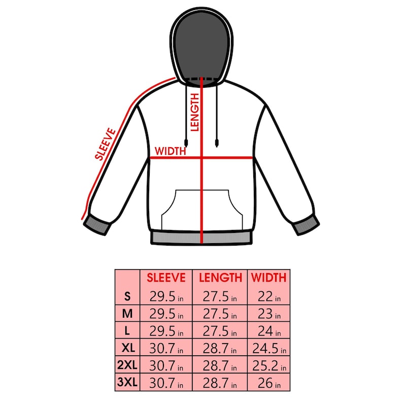 May include: A white hoodie with a dark gray hood lining and cuffs, featuring red lines indicating sleeve, length, and width measurements. A table below lists sizes S through 3XL with corresponding measurements in inches for sleeve, length, and width.