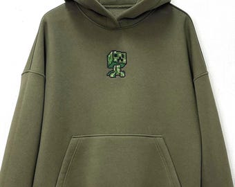 Game Embroidered Hoodie, Creeper Hoodie | Men Hoodie Gamer, Hoodie Pixel Creeper Embroidery, Gift Video Gaming Lover