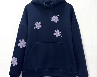 Mit Blumen bestickter Hoodie, Hibiskus-Sweatshirt, Cottagecore Hoodie, Botanische Stickerei Hoodie, Geschenk für sie, gemütlicher ästhetischer Pullover
