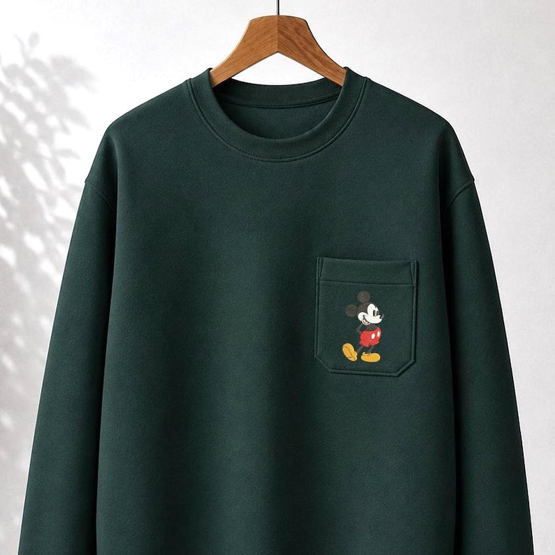 May include: A dark forest green long-sleeve crewneck sweatshirt featuring a single chest pocket on the left side. The pocket is decorated with a small, full-color graphic of Mickey Mouse standing in his classic red shorts and yellow shoes.