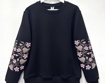 Floral Embroidered Sweatshirt | Crew neck Sweatshirt Flower | Floral Sweatshirt Embroidery Women, Cottagecore Sweatshirt, Women Gift