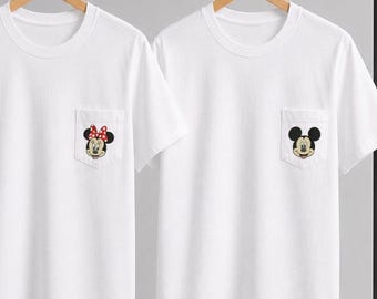 T-shirts assortis brodés par Mickry et Minnie, t-shirts pour couple avec souris, t-shirt brodé souris mignon, cadeau pour lui, chemises unisexe pour couples