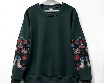 Sudadera bordada, sudadera con flores, sudadera estilo Vyshyvanka con cuello redondo, sudadera folk boho, regalo único para ella, ropa étnica eslava
