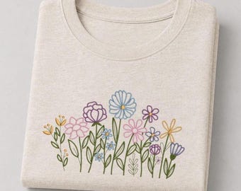 Broderie de fleurs, chemise fleurs sauvages, broderie de chemise florale cottagecore, chemise botanique, t-shirt esthétique nature, cadeau pour amoureux des fleurs