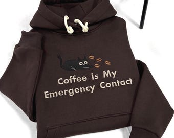 Sweat à capuche brodé café chat, sweat à capuche confortable, sweat à capuche chat noir, sweat à capuche Coffee Lover Sweat à capuche café drôle, sweat à capuche broderie unisexe, sweat à capuche cadeau