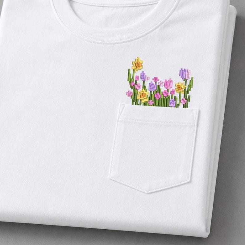 K&ouml;nnte beinhalten: Wei&szlig;es T-Shirt mit einer Tasche, die ein pixeliges Blumendesign in Gelb, Lila und Rosa zeigt. Die Blumen sind vor gr&uuml;nen Stielen und Bl&auml;ttern platziert und bilden einen farbenfrohen Kontrast auf dem wei&szlig;en Stoff. Das Shirt hat einen klassischen Rundhalsausschnitt.